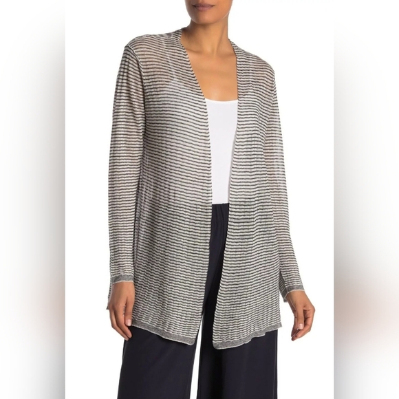 Eileen Fisher Gray Organic Linen Knit Cardigan Lightweight Open Front Sz M - Picture 1 of 15